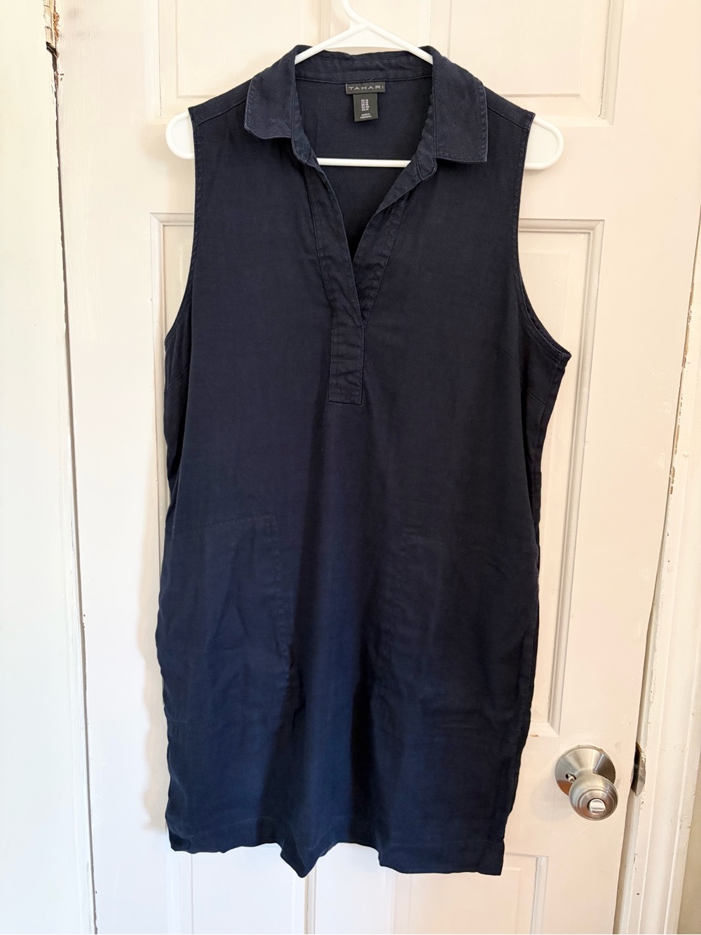 Tahari Linen Blend Sleeveless Collared Midi Dress Navy Blue size 10 lightweight